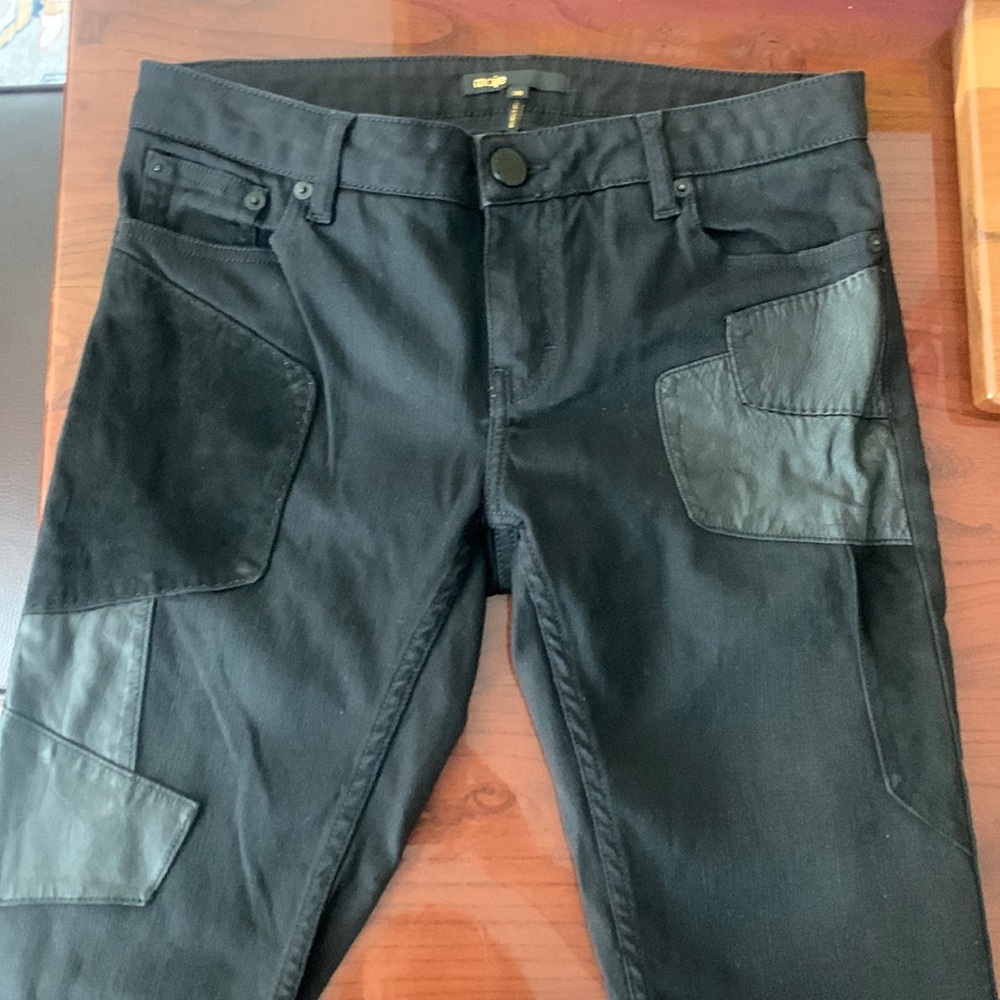 Maje H15 Patchy Black Denim Low Rise Skinny Jean Edgy Rocker Chic!!